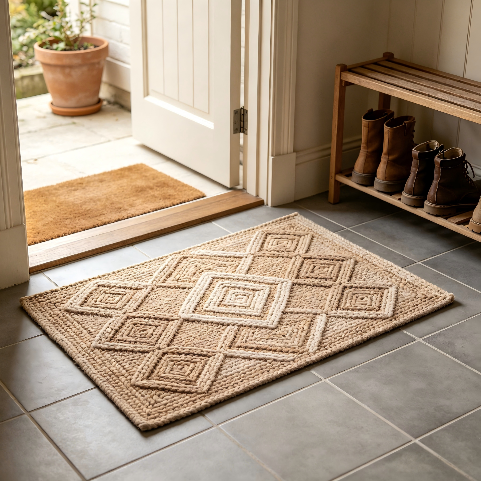 Small Narrow Boho Macrame Doormat 16x28 Inch Compact Cotton Side Door Mat